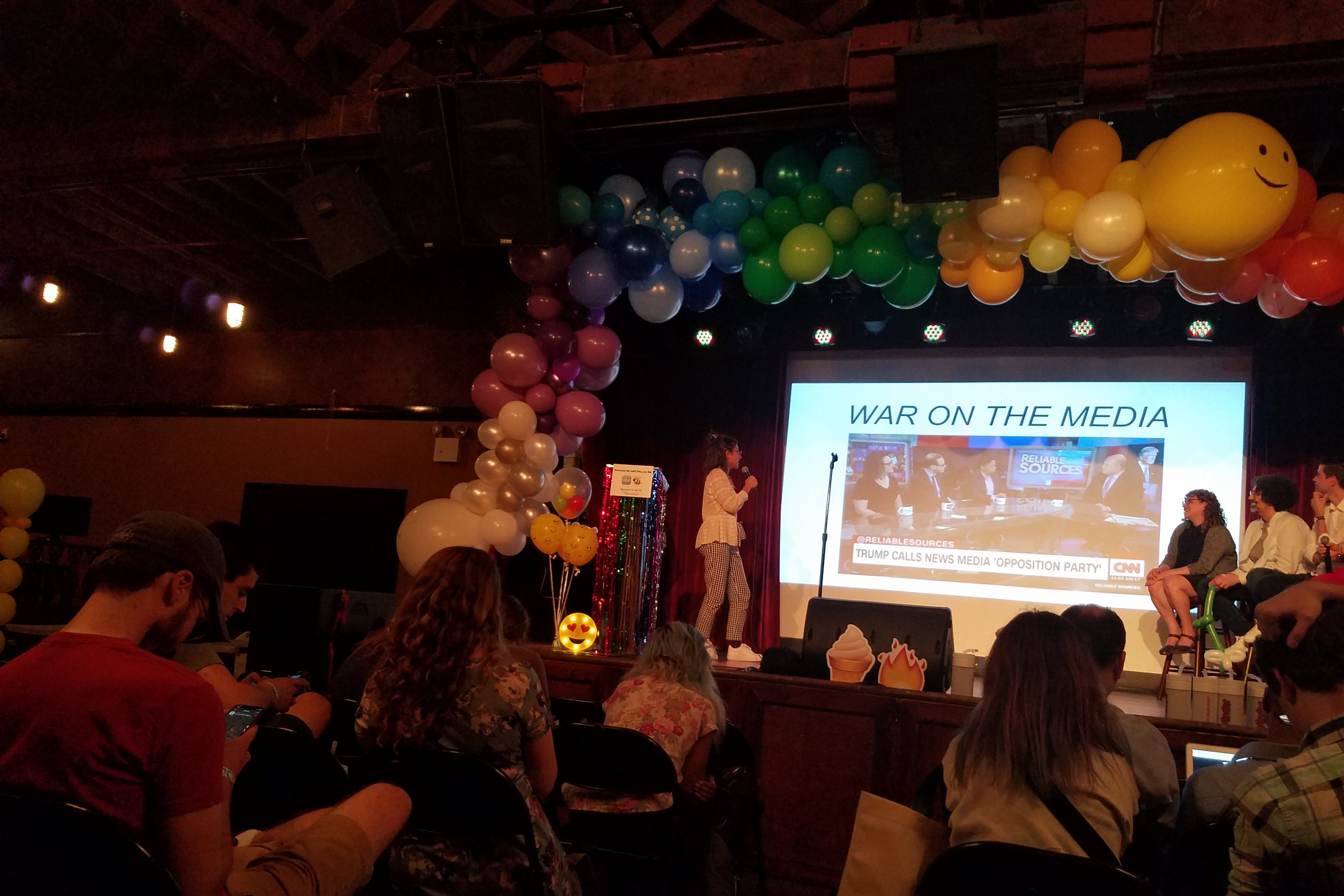 The scene at the emoji spelling bee, part of Emojicon at the Bell House in Brooklyn, New York, on Saturday.