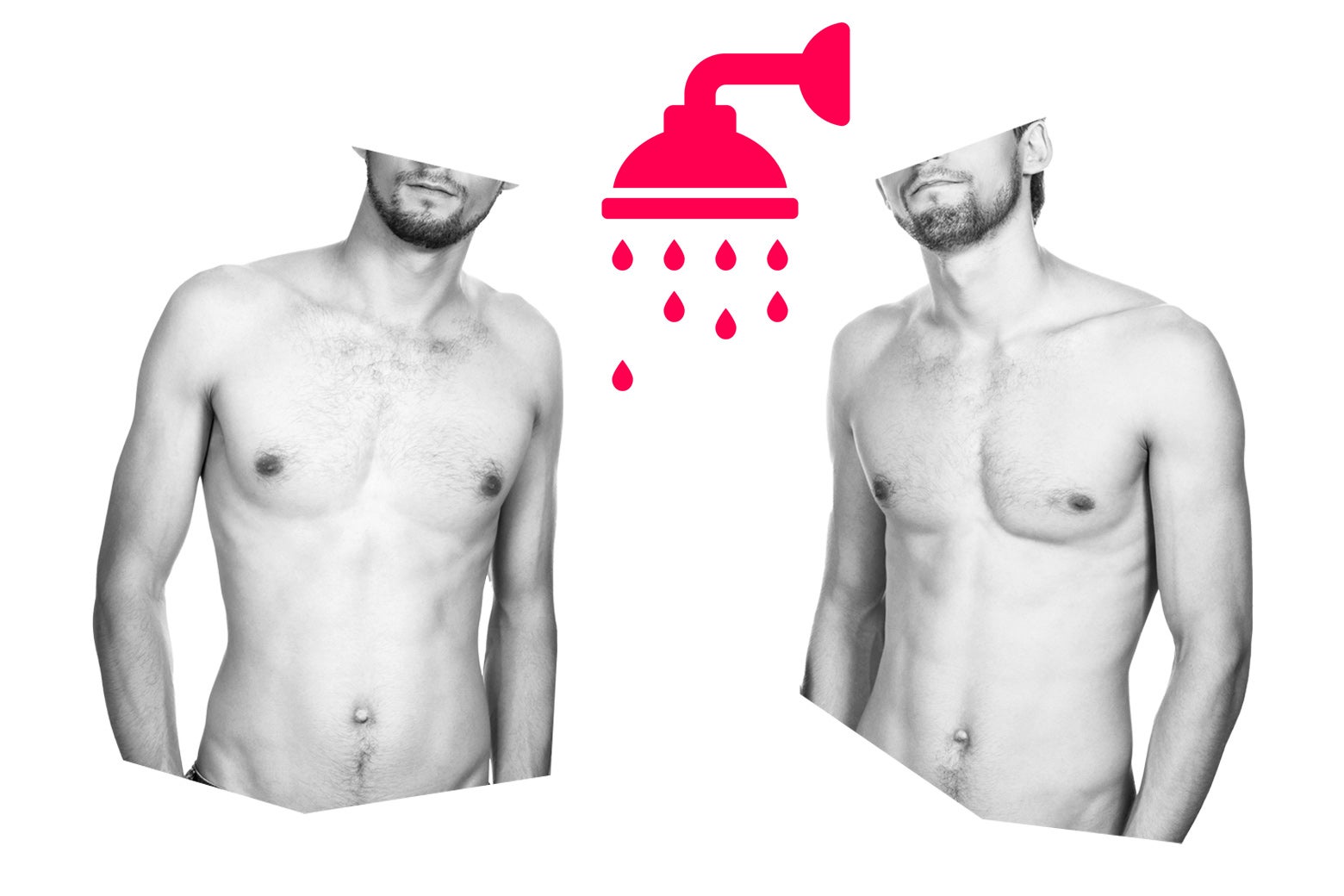 Two men standing next to each other under a showerhead.