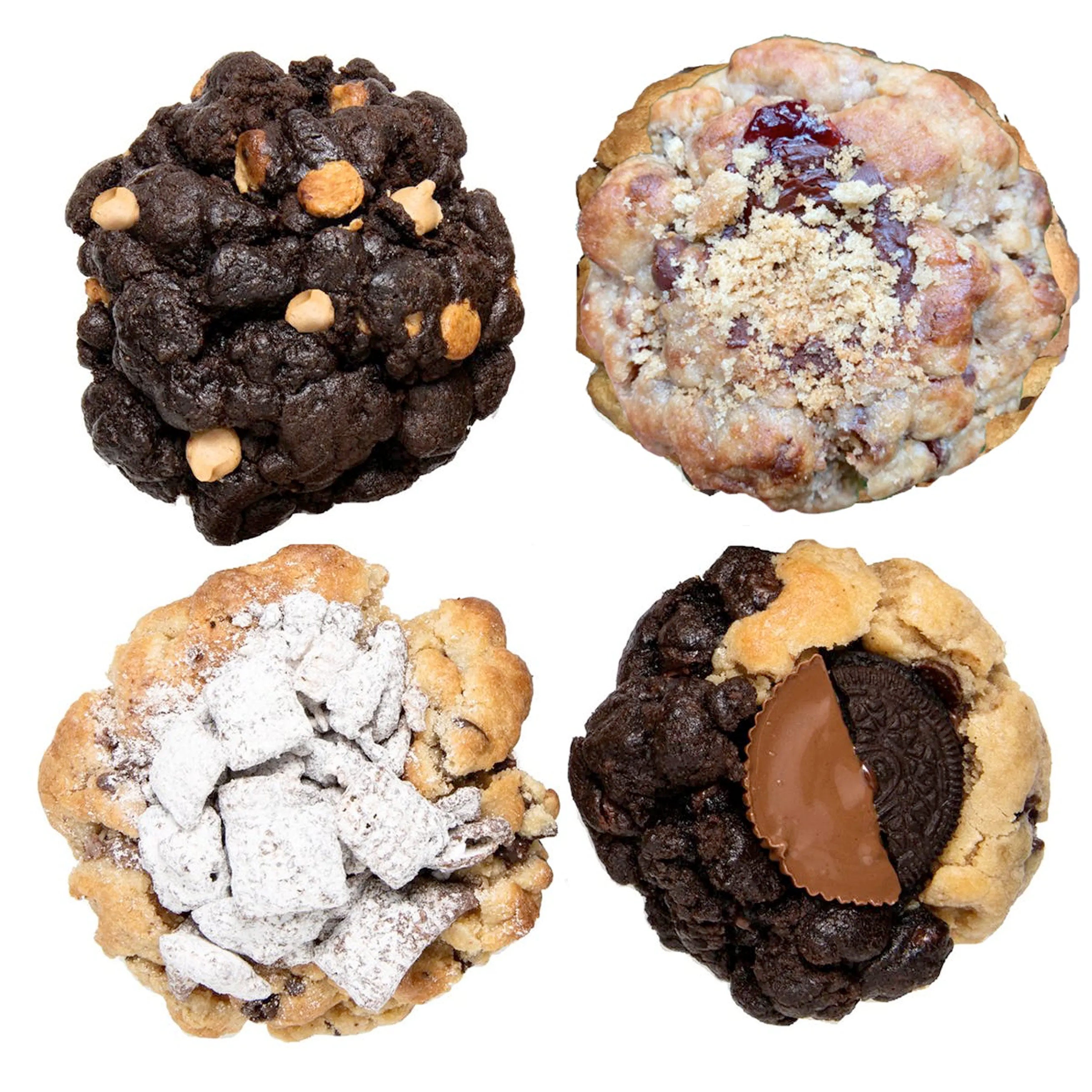 Four large chunky cookies with different toppings