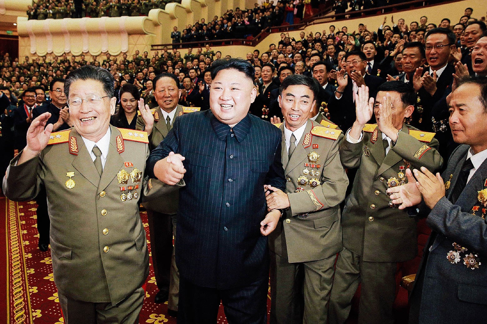 Kim Jong-Un attends an art performance dedicated to nuclear scientists and technicians at the People’s Theatre in Pyongyang, North Korea.