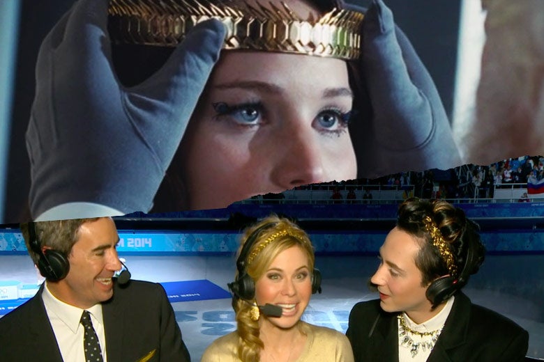 Top: Jennifer Lawrence as Katniss Everdeen wears a gold laurel crown. Bottom: Weir wears a similar crown while holding an NBC microphone.