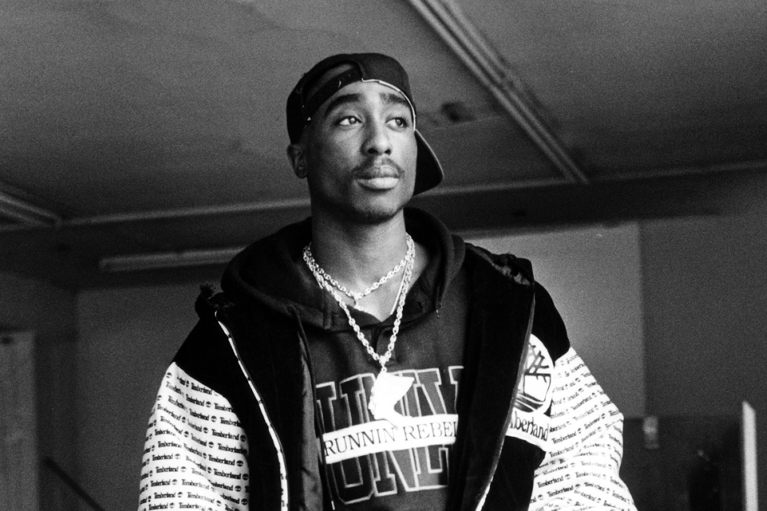 Black-and-white photo of Tupac Shakur.