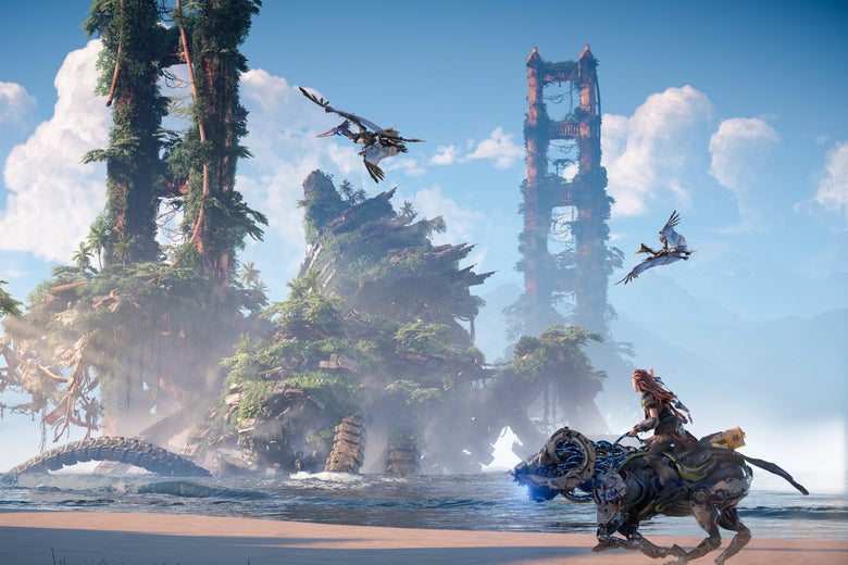 A woman rides across a beach with giant towers and flying monsters in the background behind her. 