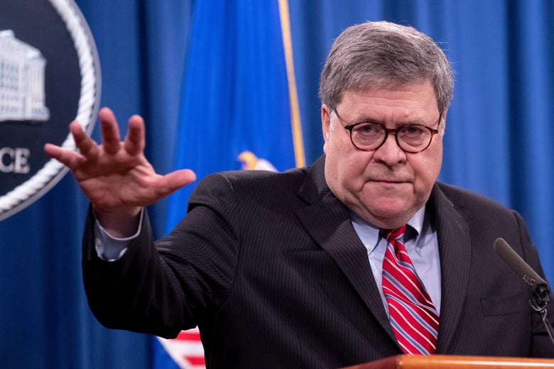 Then-Attorney General William Barr speaks during a news conference at the Department of Justice in Washington, D.C. on December 21, 2020. 