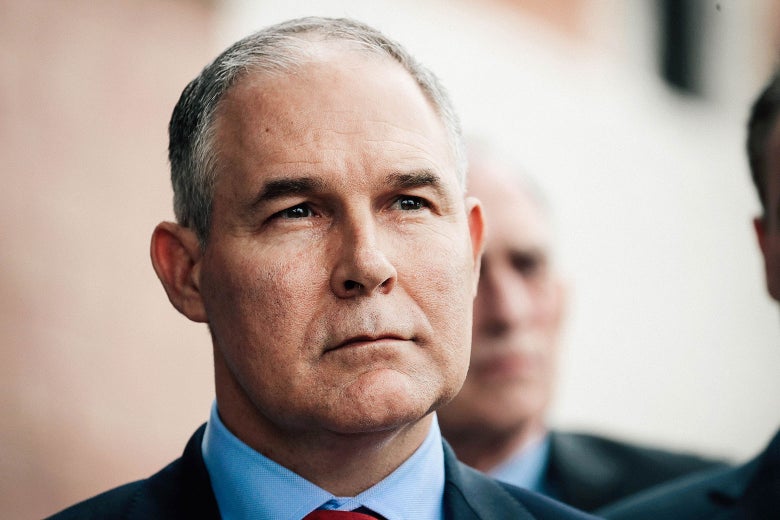 Scott Pruitt makes a statement to the media on April 19, 2017, in East Chicago, Indiana.