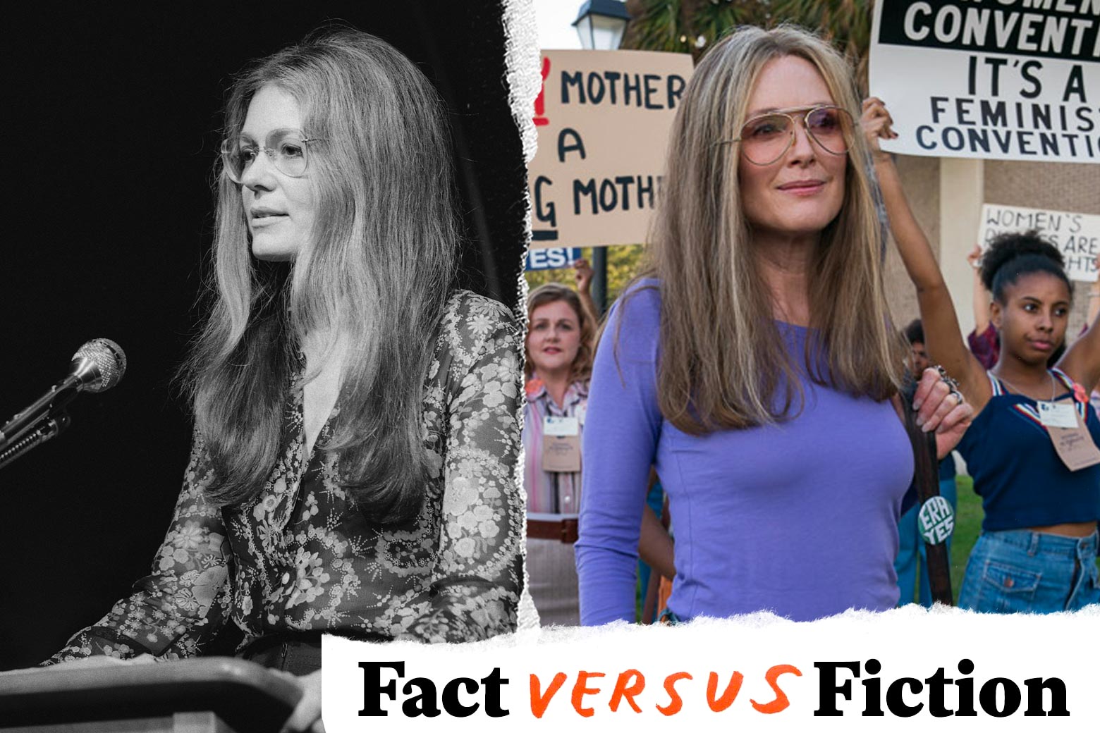 A black-and-white photo of Gloria Steinem is seen side by side with a scene of a fictional portrayal of her in The Glorias.