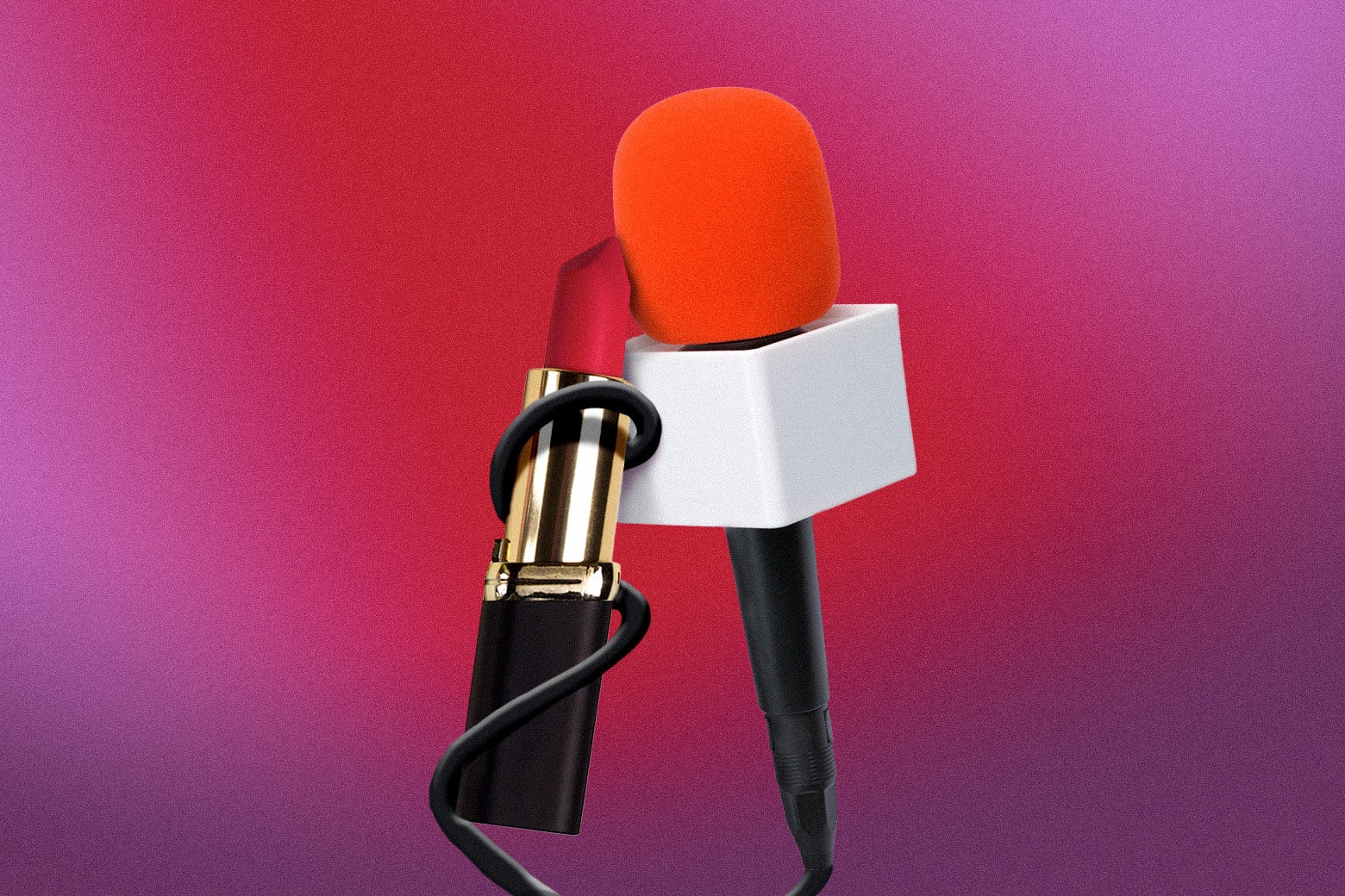 A tube of red lipstick leans into a microphone.