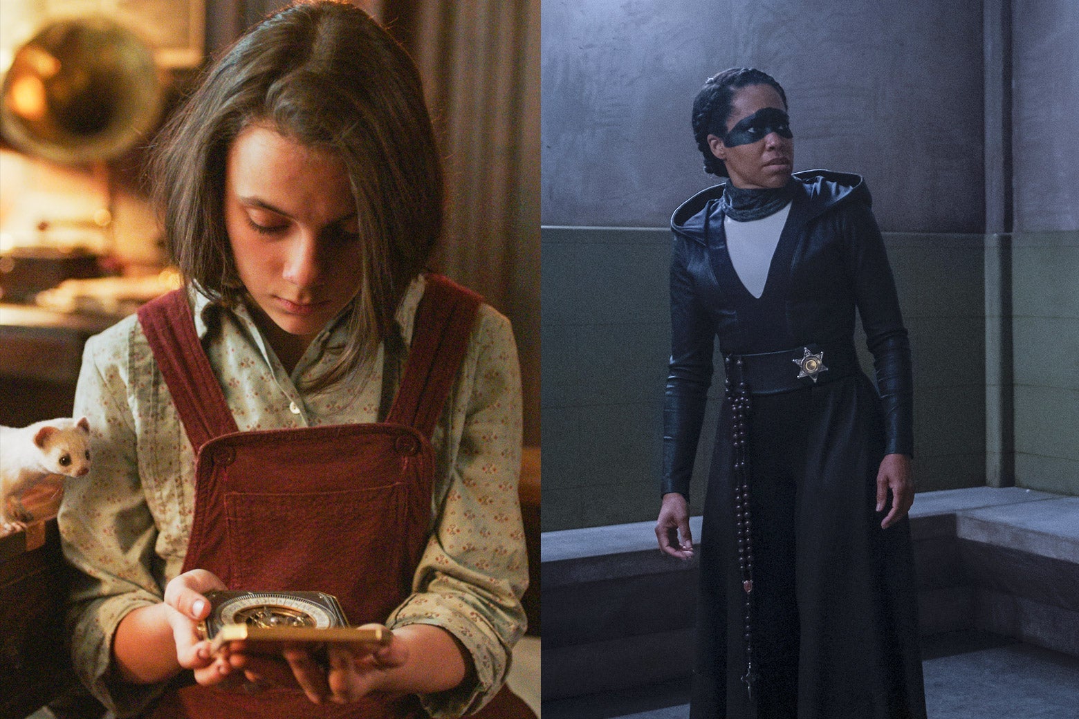 Side-by-side photo illustration of Dafne Keen as Lyra Belacqua reading a tool in His Dark Materials, and Regina King in her Sister Night regalia on Watchmen.