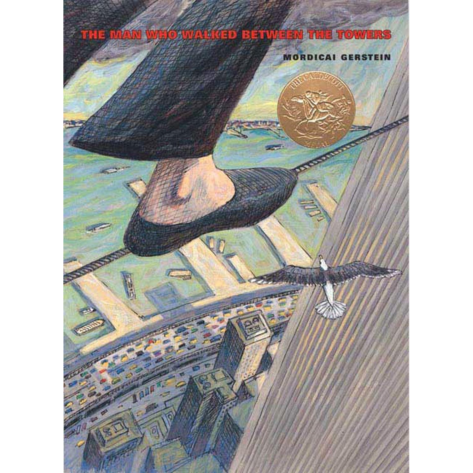 The cover of The Man Who Walked Between the Towers, featuring the tightrope walker's perspective as he walks between the World Trade Towers.