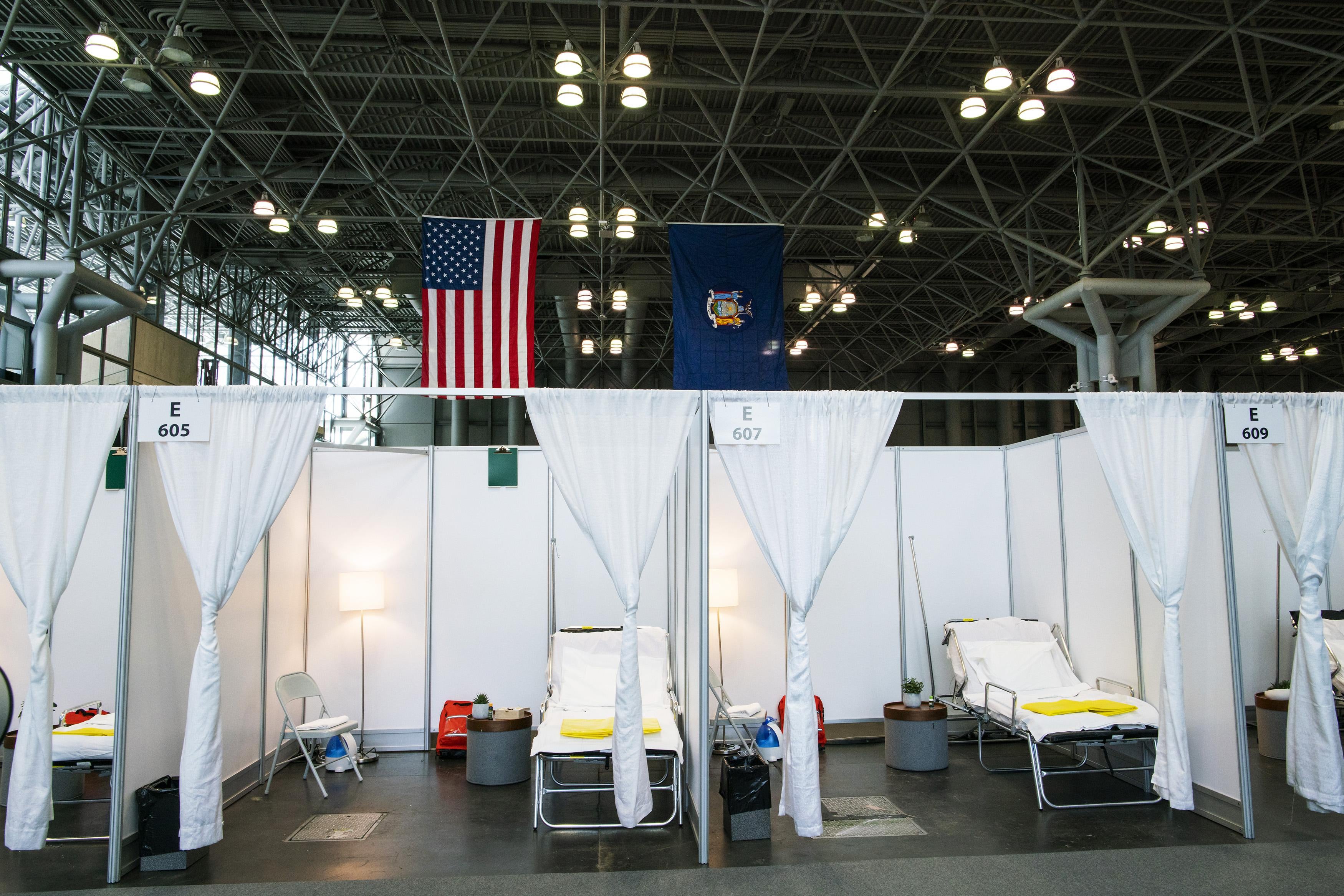 Hospital bed booths at the Javits Convention Center in New York City, which the military temporarily turned into a hospital to help fight coronavirus cases.