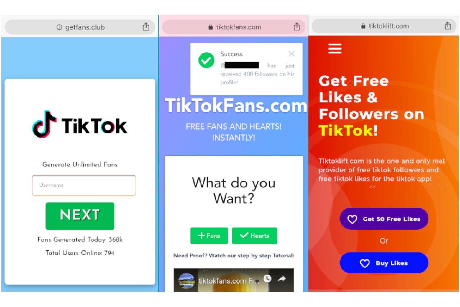 Three different followers scams on Tiktok.