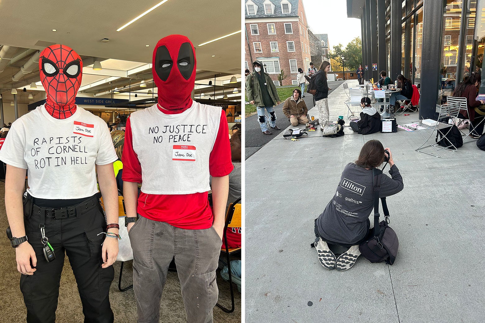 Spider-Man and Deadpool at the sit-in. Someone takes a photo outside of the dinning hall.
