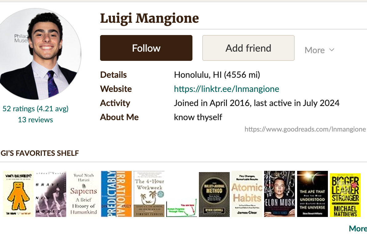 A screenshot of Luigi Mangione's apparent Goodreads profile. 