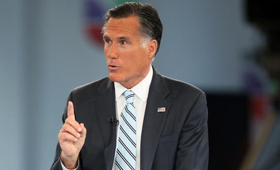 Mitt Romney speaks as he is interviewed for the Univision 'Meet the Candidates' Forum moderated by Jorge Ramos and Maria Elena Salinas.
