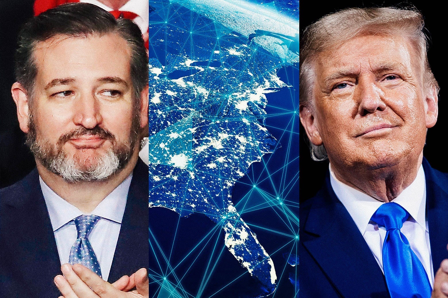 Ted Cruz, Donald Trump and a visualization of the internet over the United States. 