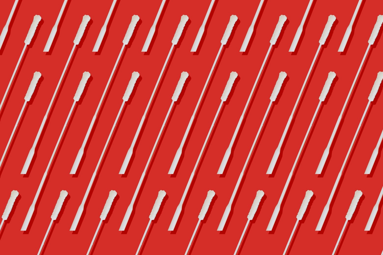 Rows of nasal swabs on a red background.