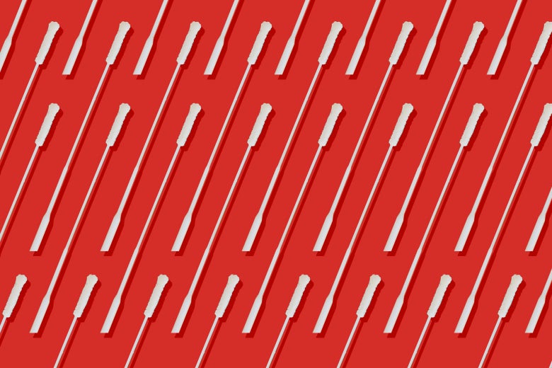 Rows of nasal swabs on a red background.