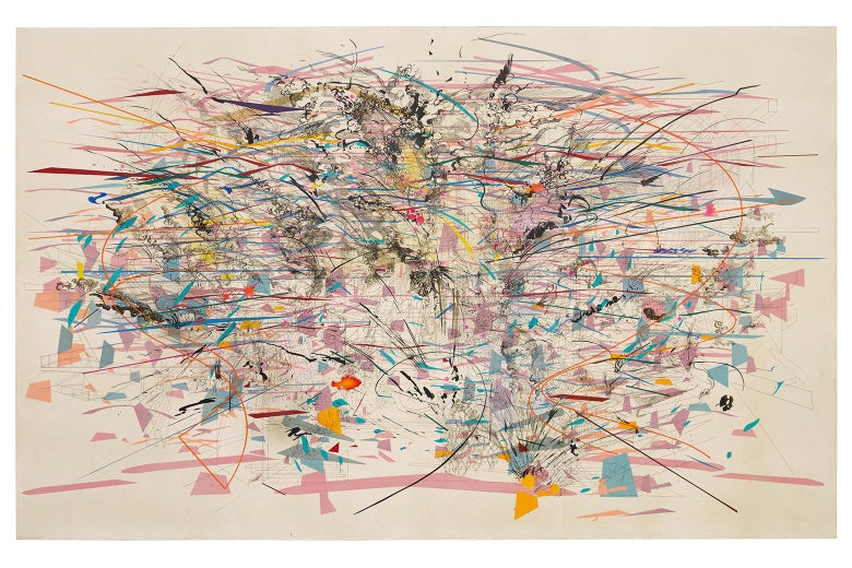 Julie Mehretu, Renegade Delirium, 2002. Ink and acrylic on canvas, 90 x 144 inches (228.6 x 365.8 cm).