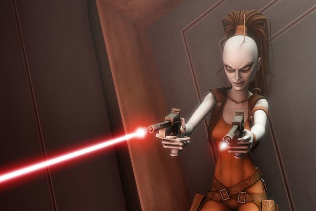 A 3D animated character with chalk-white skin and an antennae sticking out her head. She holds two blaster guns firing red lasers.