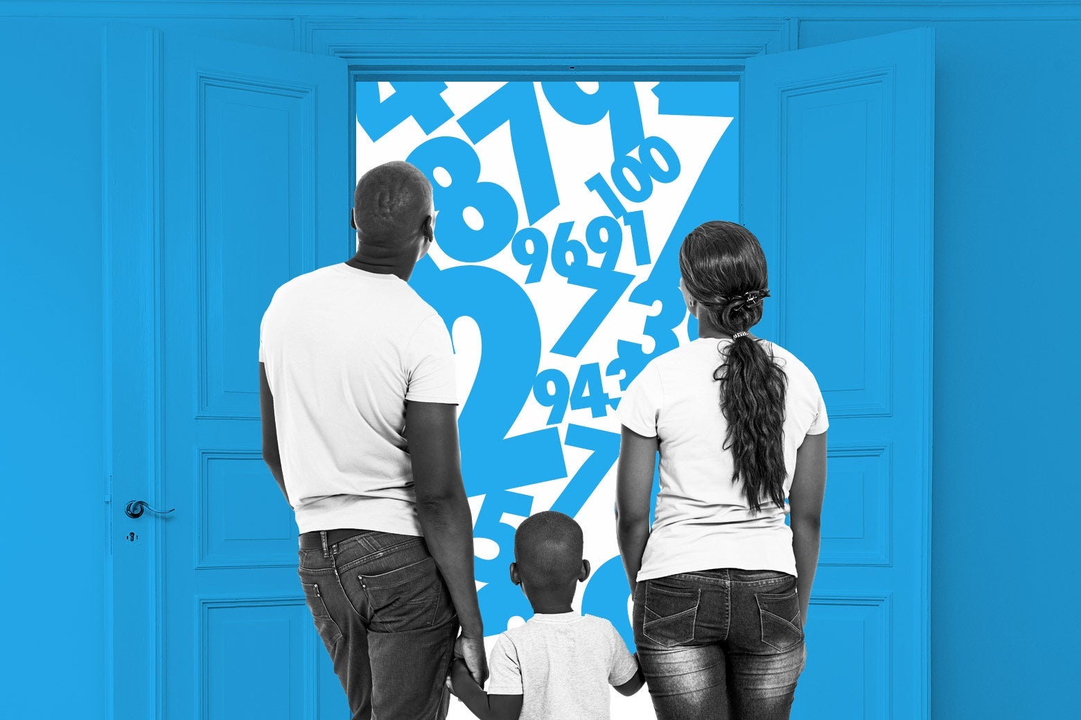 A black family stands in front of a doorway, blocked by a profusion of numbers.
