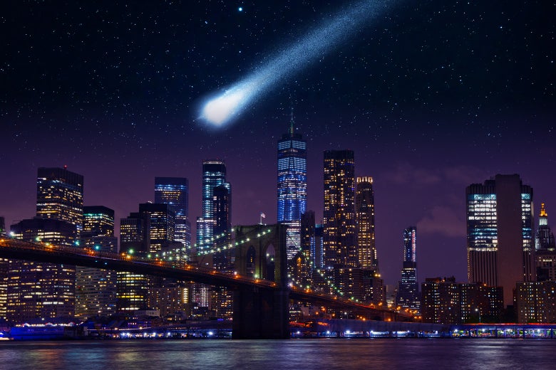An asteroid hurtling toward Manhattan at night.
