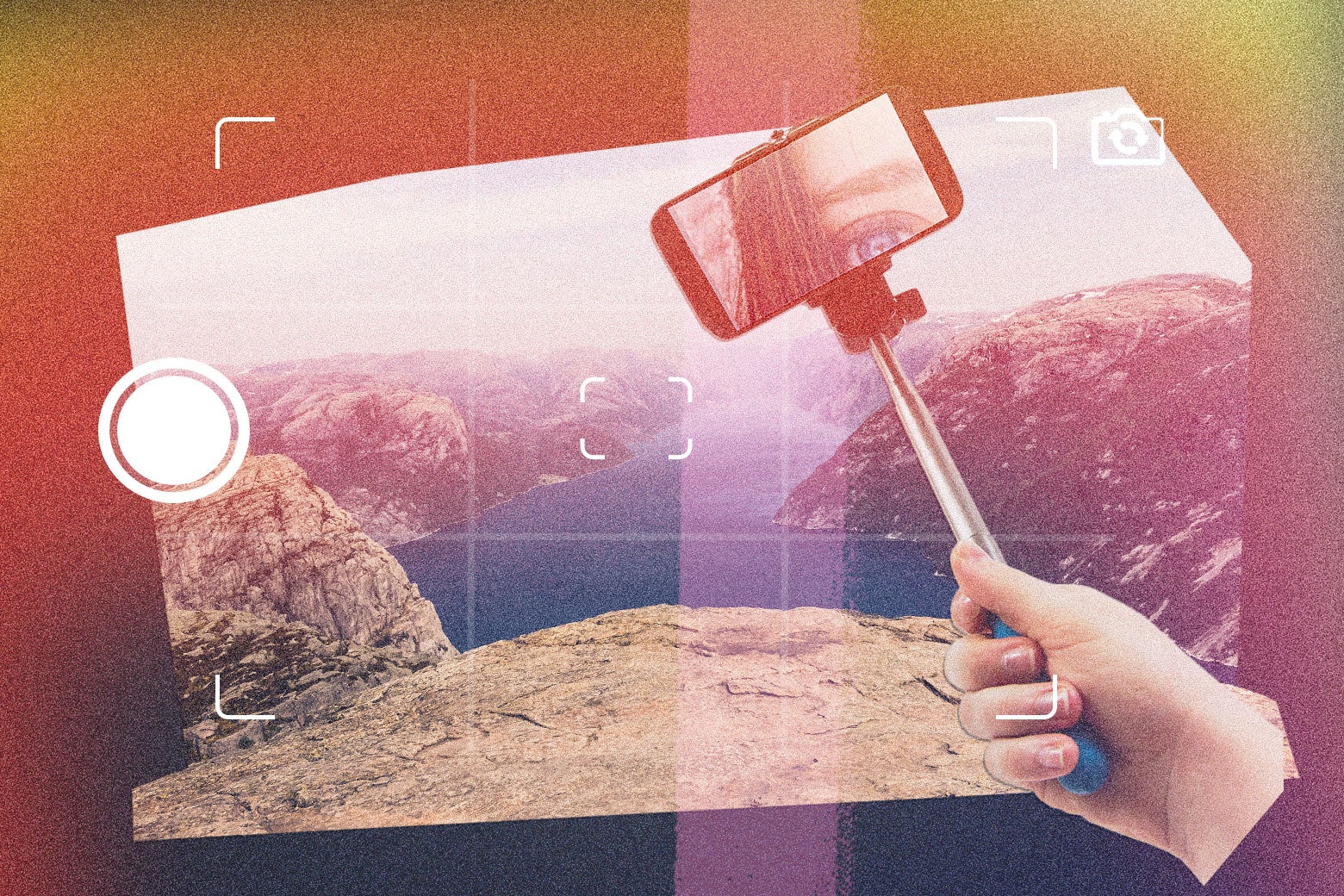 Collage of selfie stick and cliffs.