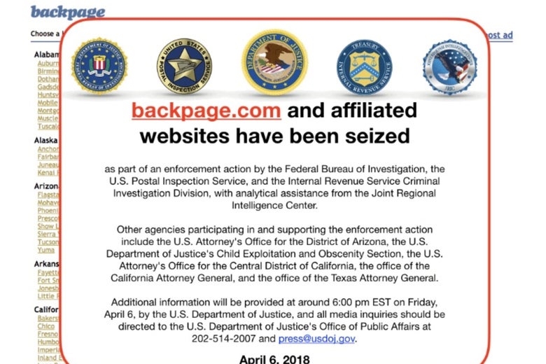 An image of the current home page of the website backpage.com shows logos of U.S. law enforcement agencies after they seized the sex marketplace site April 6, 2018. 