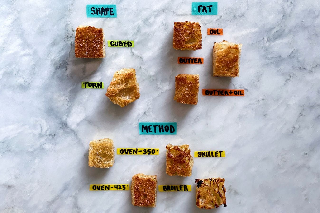 Nine croutons labeled by cooking method, spread out on a marble surface