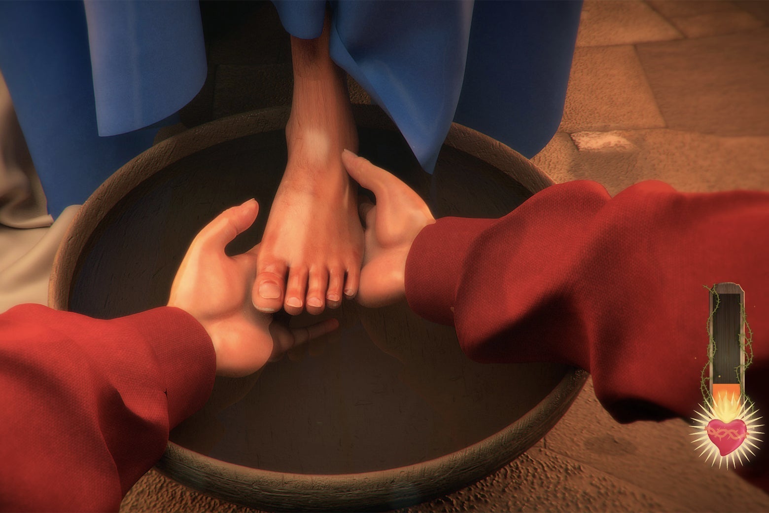 A screenshot from video game I Am Jesus Christ showing the first-person view of someone who is washing someone else's foot in a bowl of water. 
