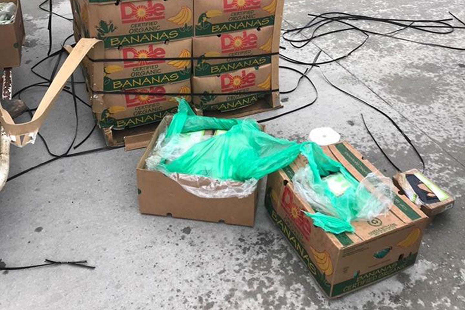 Bags of cocaine hidden in boxes of bananas.