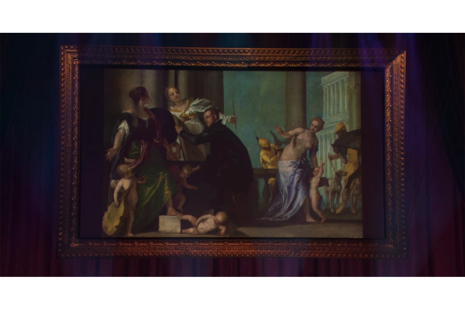 A painting showing a man in black being beckoned on either side by women.