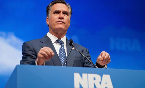 Republican presidential candidate and former Massachusetts Governor Mitt Romney speaks during the NRA's Celebration of American Values Leadership Forum at the NRA Annual Meetings and Exhibits April 13, 2012