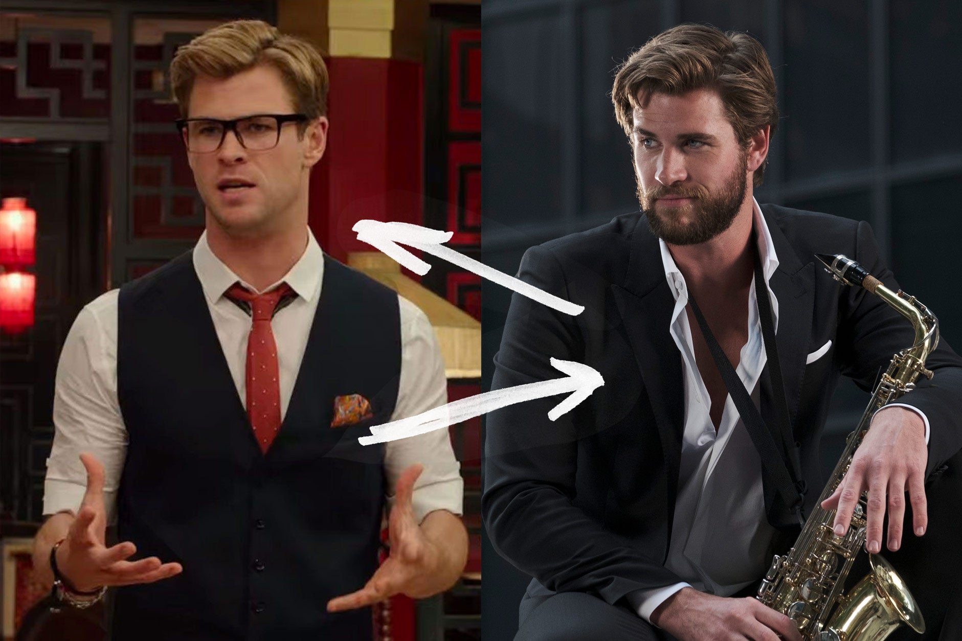 Side-by-side stills of Chris Hemsworth in Ghostbusters, wearing glasses, a tie, and vest, and Liam Hemsworth in Isn't It Romantic, wearing a suit with a saxophone. They look a lot alike.