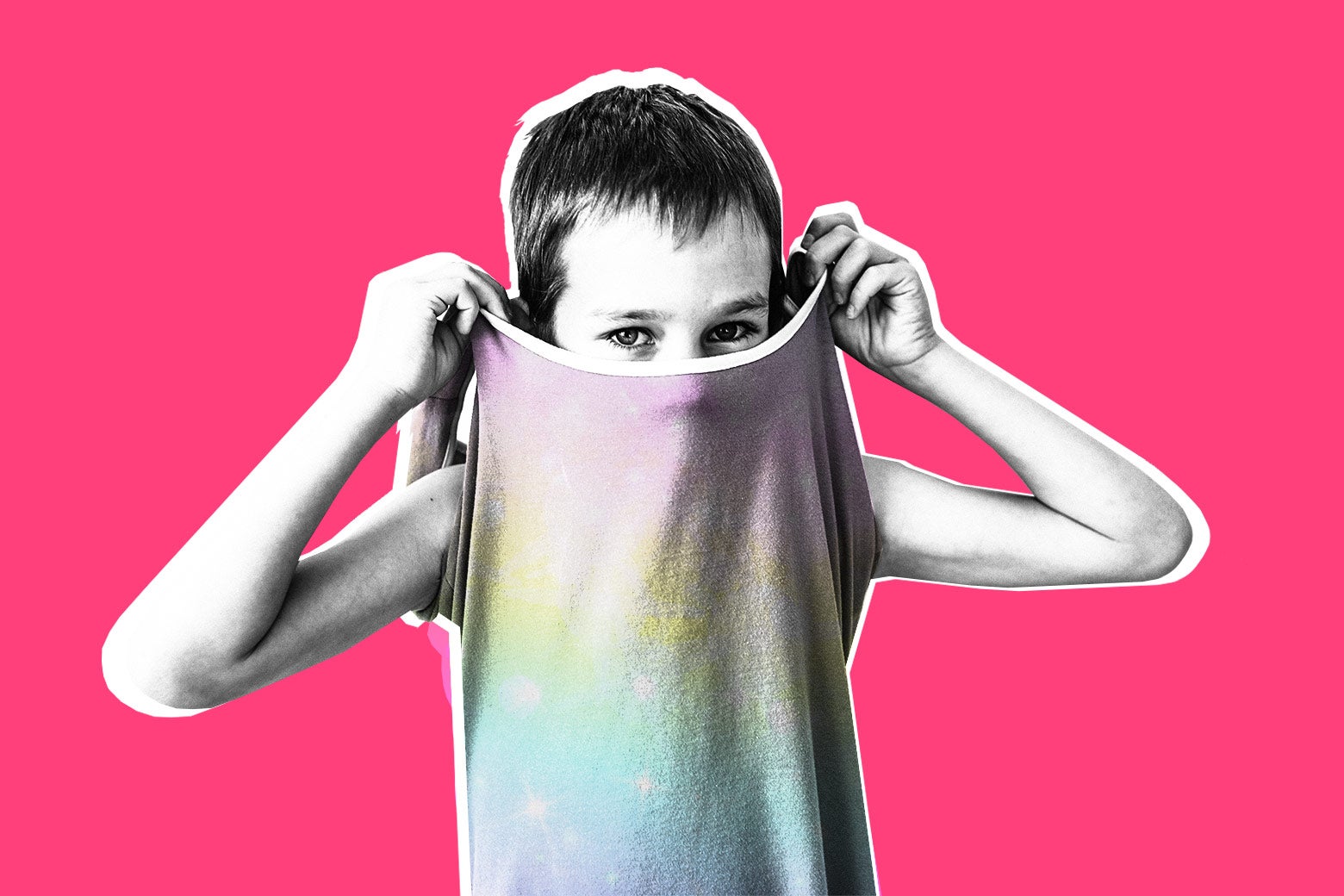 Child removing a dress by pulling it over their head, against a pink background.