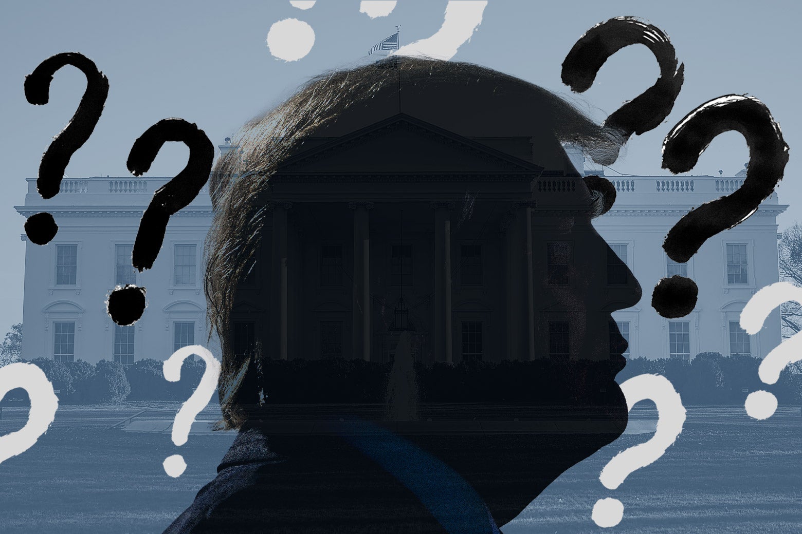 Donald Trump's silhouette in front of the White House, surrounded by question marks.