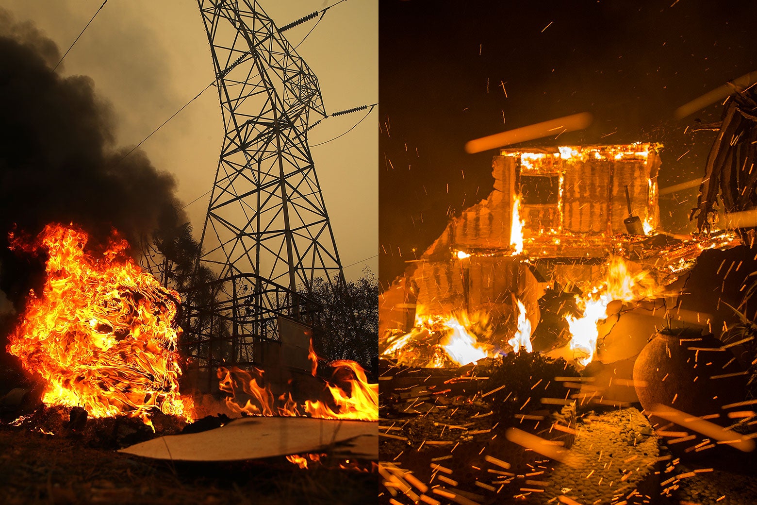 On the left, a fire burns by power lines, and on the left, fire burns structures.