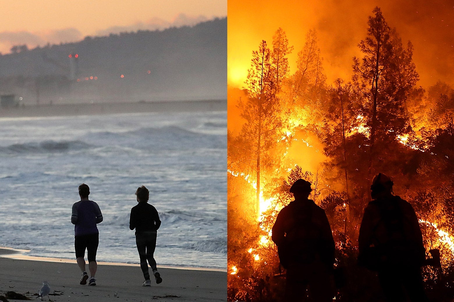 On the left, a man and a woman jog on a beach. On the right, a firefighters battle a blaze.
