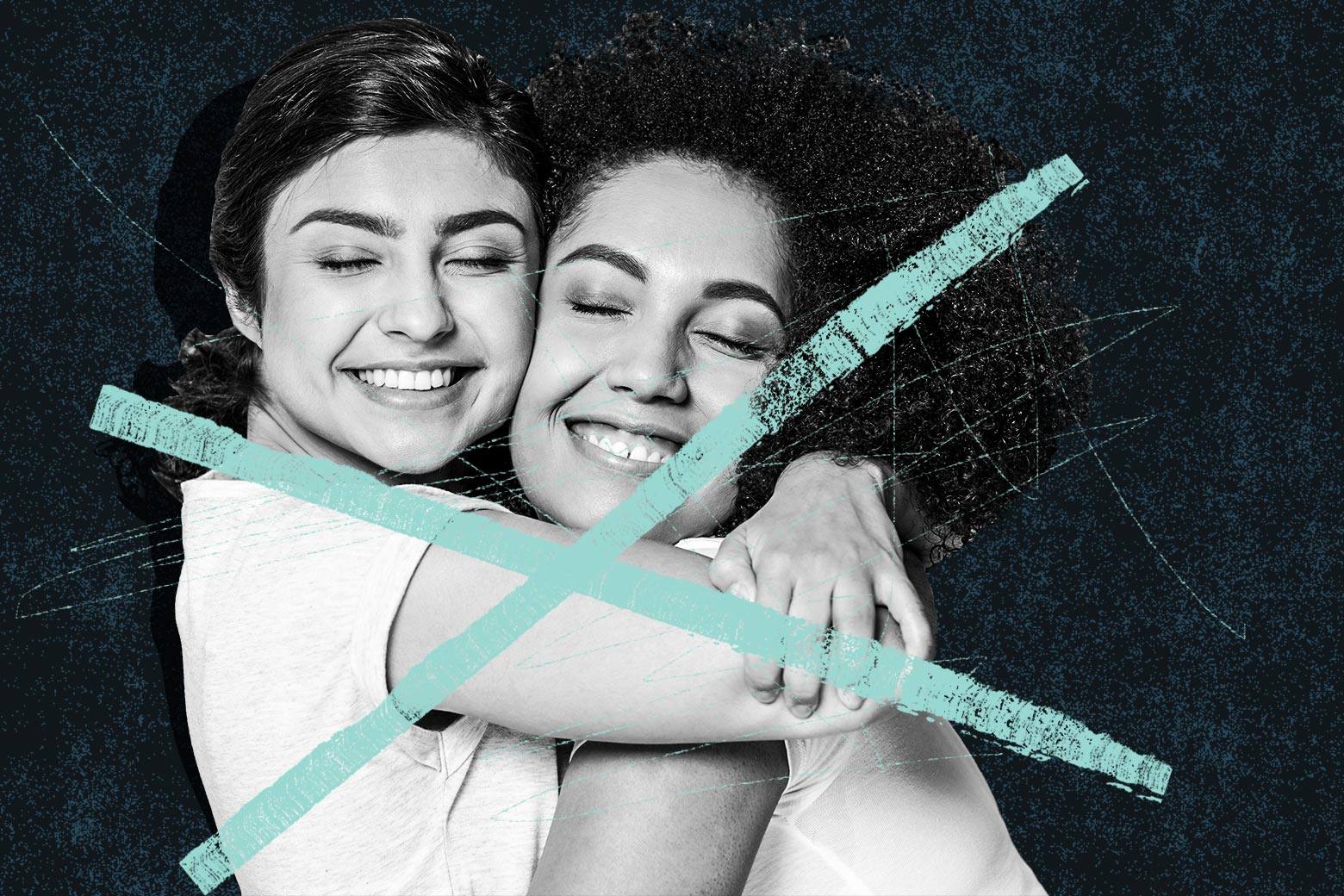 Two women hugging with a teal X over the image.