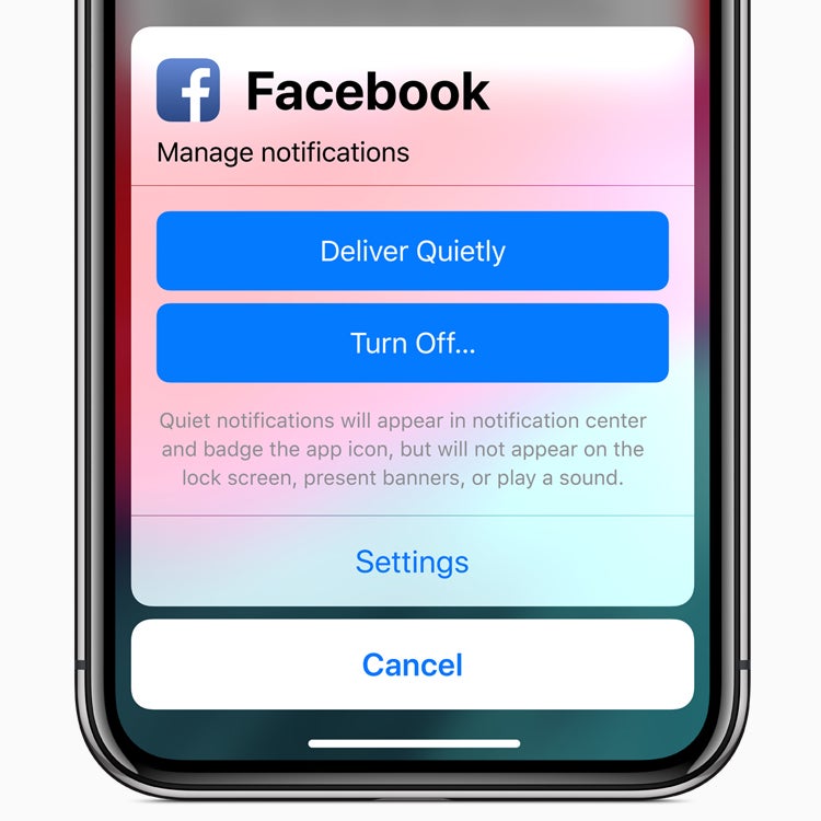 Screenshot of a new iOS feature that lets you turn off notifications from a given app, in this case Facebook.