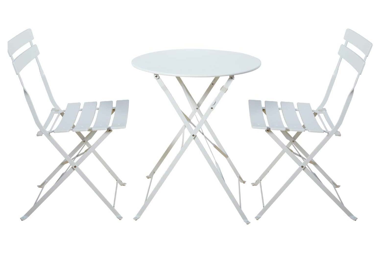 A white bistro table set with two chairs.
