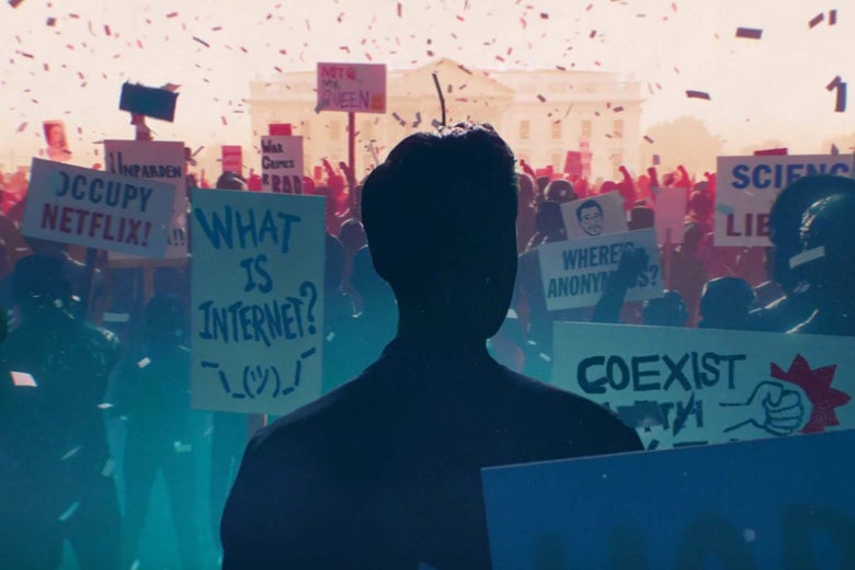 A still from the animated intro to Patriot Act, in which Hasan Minhaj stands in front of protest signs that read, for example, "Occupy Netflix," "What is internet?" and "Where's Anonymous?"