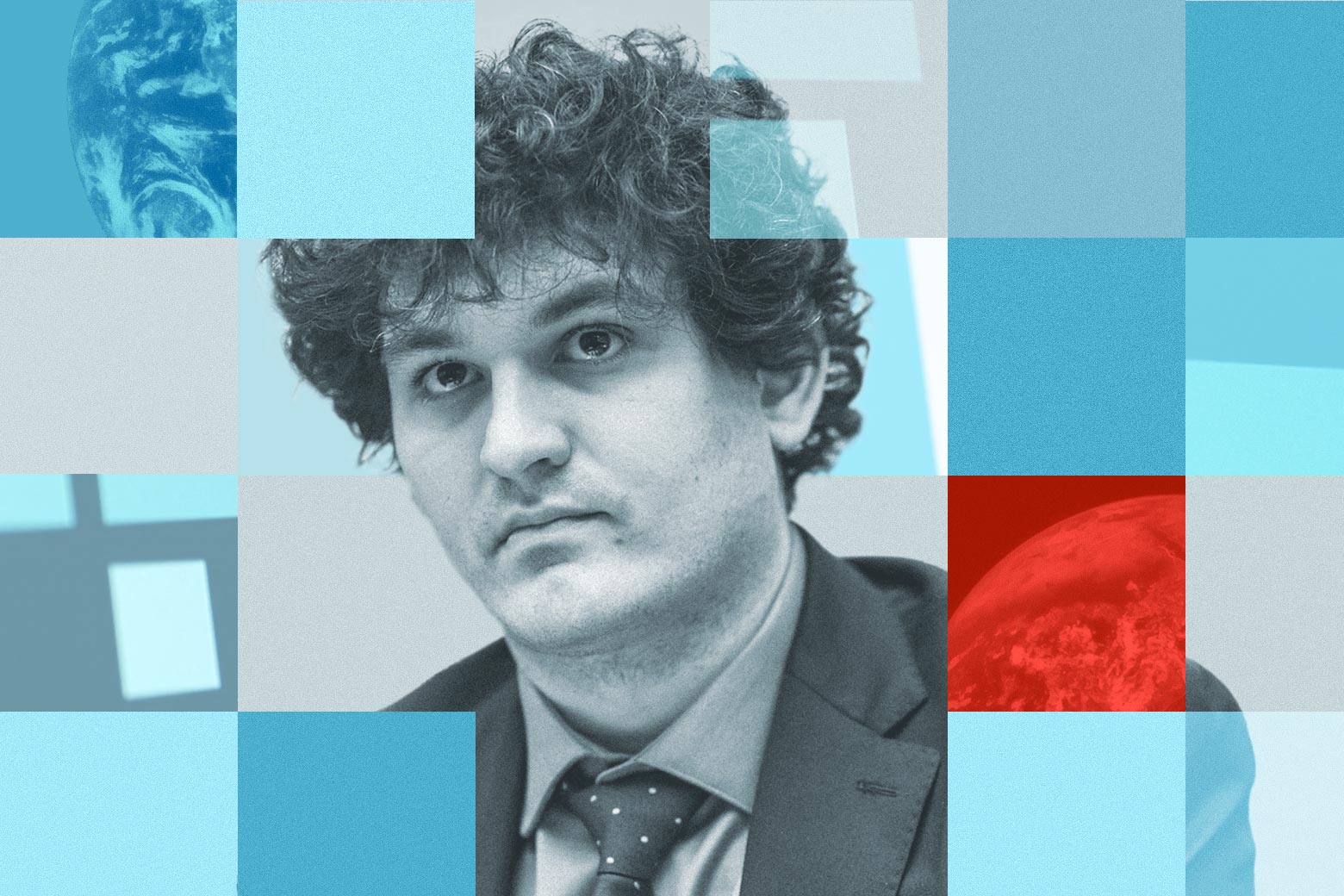 Red and blue tiles overlay a photograph of a man with curly hair in a suit.