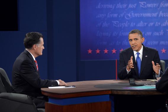 President Obama and Mitt Romney participate in the third and final presidential debate in Boca Raton, Florida, on October 22. 