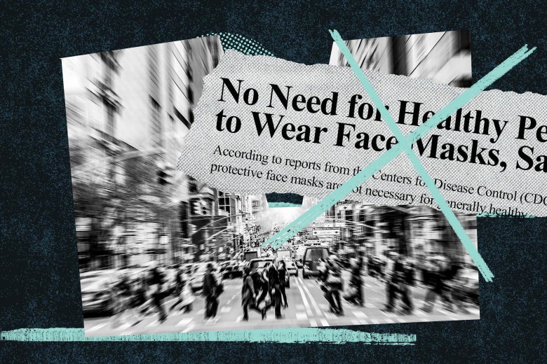 An X over a headline about masks not being necessary accompanied by a picture of a busy city street.