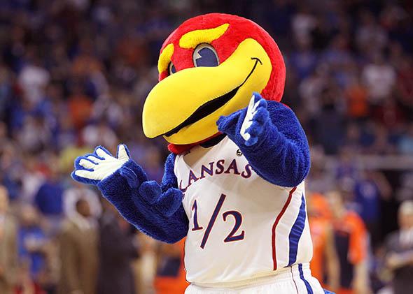 The Kansas Jayhawks mascot performs during the game against the Illinois Fighting Illini in the 2011 NCAA men's basketball tournament, March 2011 in Tulsa, Oklahoma.