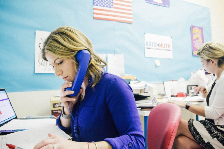 Democrat Katie Muth, left, doesn't enjoy asking people for money but it's a necessary part of her bid for Pennsylvania state senator. Her finance staffer, Amanda DeMaria, right, has to repeatedly cajole her to keep making calls.