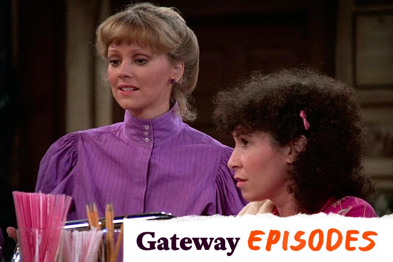 Shelley Long and Rhea Perlman in a scene from Cheers.