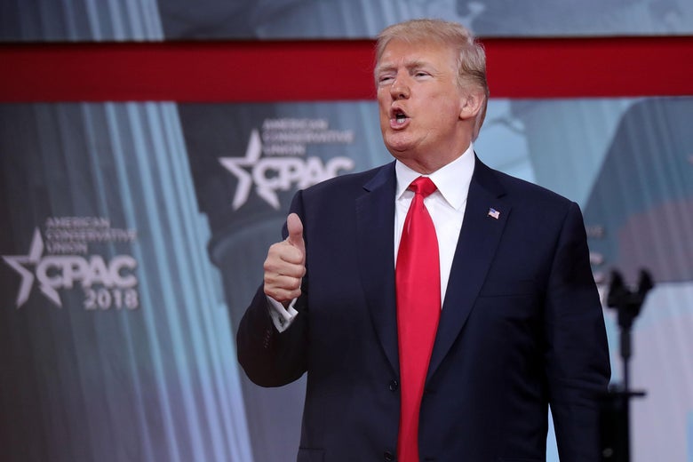 NATIONAL HARBOR, MD - FEBRUARY 23:  U.S. President Donald Trump gives a thumbs-up after addressing the Conservative Political Action Conference at the Gaylord National Resort and Convention Center February 23, 2018 in National Harbor, MD. This was Trump's second year in a row addressing CPAC, the largest convention of political conservatives in the country.  (Photo by Chip Somodevilla/Getty Images)