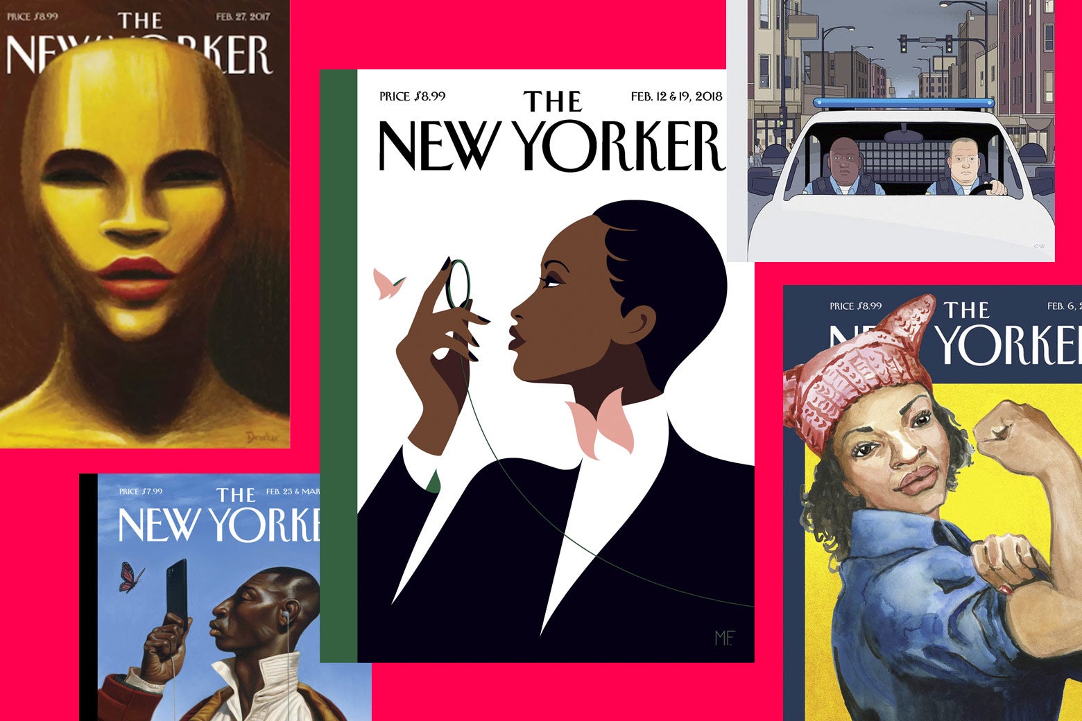 Five recent New Yorker covers featuring black people (including the one of Eustace Tilley as a black woman).