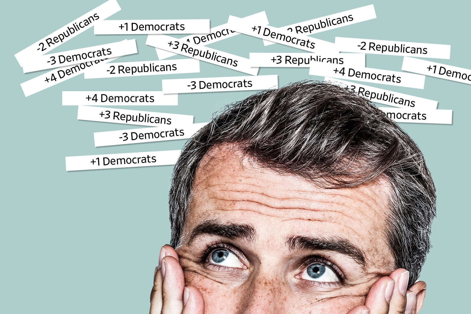 An exhausted looking man, seen only from the nose up, rests his head in his hands as he looks at a collage of ticker tape style images with varying electoral outcomes (Democrats +1, Republicans +2, and so forth) typed on them.